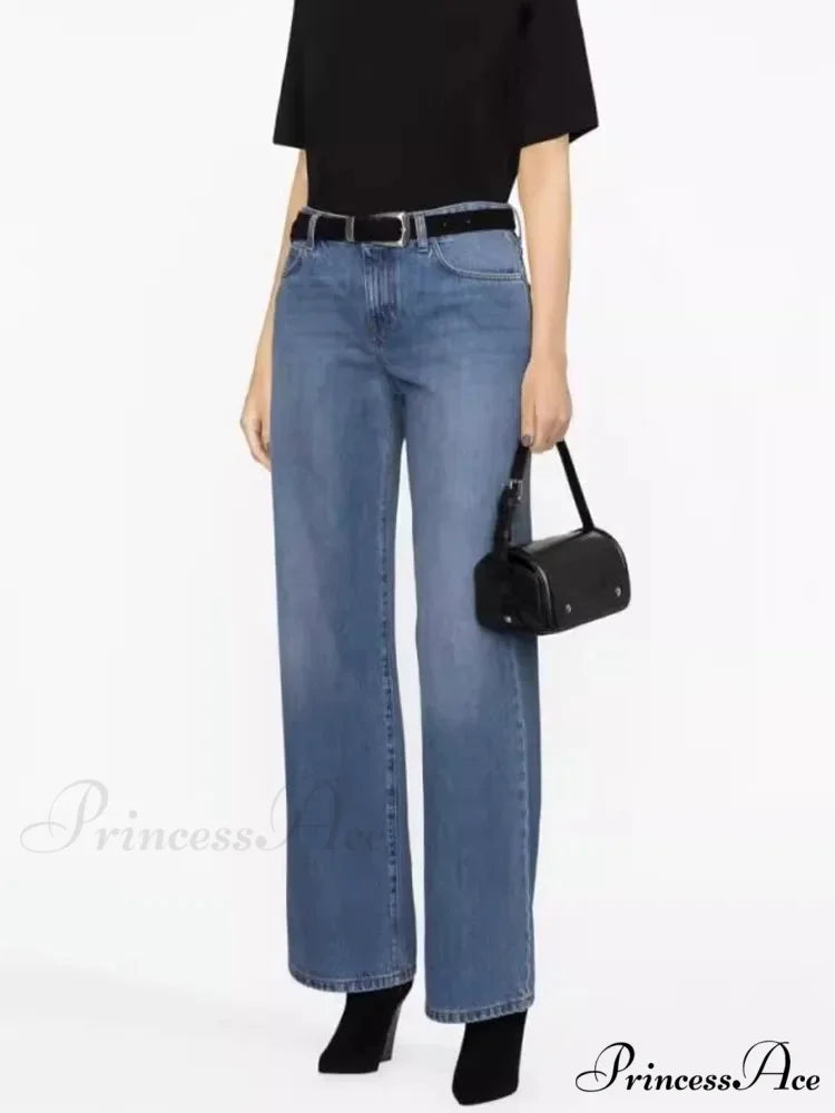 High Quality Autumn New Floor-length Denim High-waisted Minimalist Style Loose Wide-leg Jean