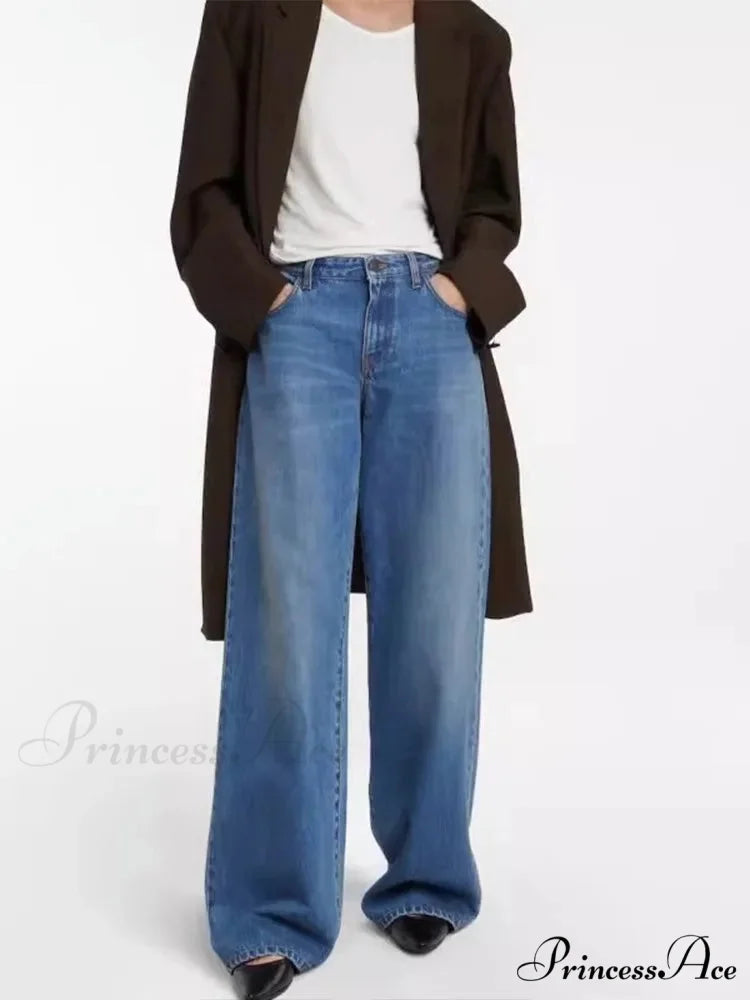 High Quality Autumn New Floor-length Denim High-waisted Minimalist Style Loose Wide-leg Jean