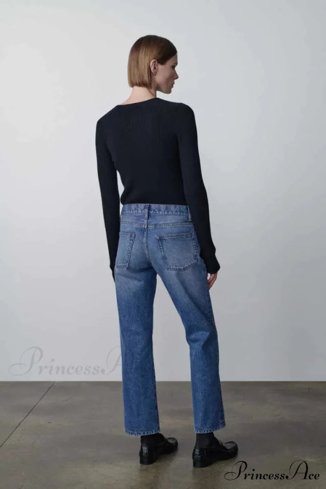 High Quality Fashion Retro Lady Straight-leg Spring and Autumn Simple Casual High Waist Denim Jean