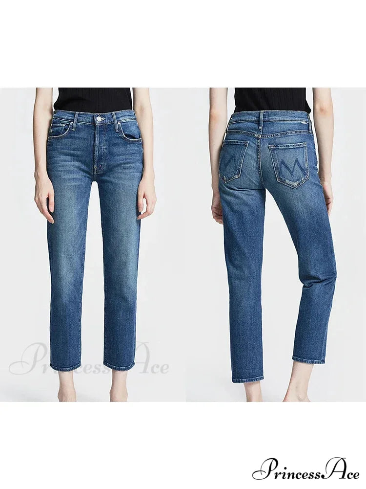 High Quality MO Zipper Women's Straight High Waist Fashion Female Ankle-length Denim 2024 Fall Winter Jean