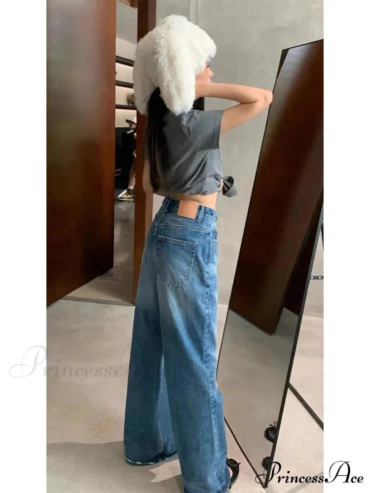 High Quality High-Waisted Vintage Denim Women's Frayed Versatile Blue Straight Wide-Leg Ladies 2024 Autumn Jean