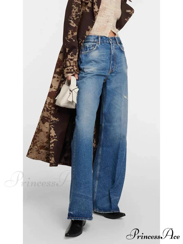 High Quality High-Waisted Vintage Denim Women's Frayed Versatile Blue Straight Wide-Leg Ladies 2024 Autumn Jean