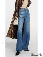 High Quality High-Waisted Vintage Denim Women's Frayed Versatile Blue Straight Wide-Leg Ladies 2024 Autumn Jean