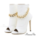 High-Quality White Leather Basic Boots Ankle Sandals Metal-Chain Thin-Heels Peep-Toe Zip Pumps High Heel