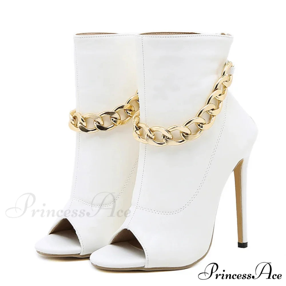 High-Quality White Leather Basic Boots Ankle Sandals Metal-Chain Thin-Heels Peep-Toe Zip Pumps High Heel