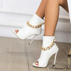 High-Quality White Leather Basic Boots Ankle Sandals Metal-Chain Thin-Heels Peep-Toe Zip Pumps High Heel