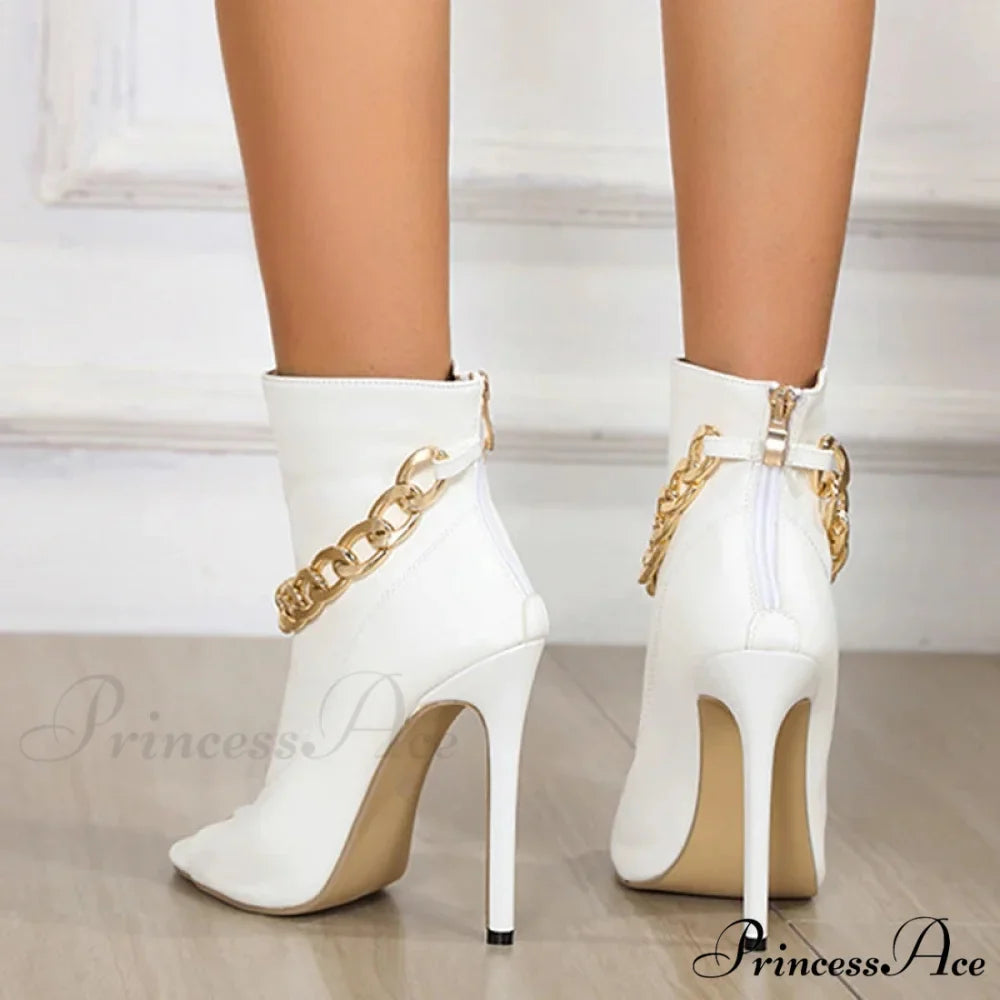 High-Quality White Leather Basic Boots Ankle Sandals Metal-Chain Thin-Heels Peep-Toe Zip Pumps High Heel