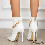 High-Quality White Leather Basic Boots Ankle Sandals Metal-Chain Thin-Heels Peep-Toe Zip Pumps High Heel