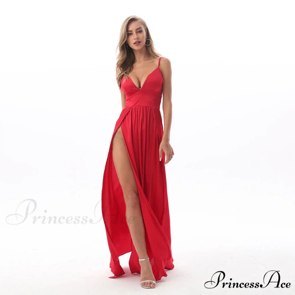 High Splits Red Satin Night Club Party Dress