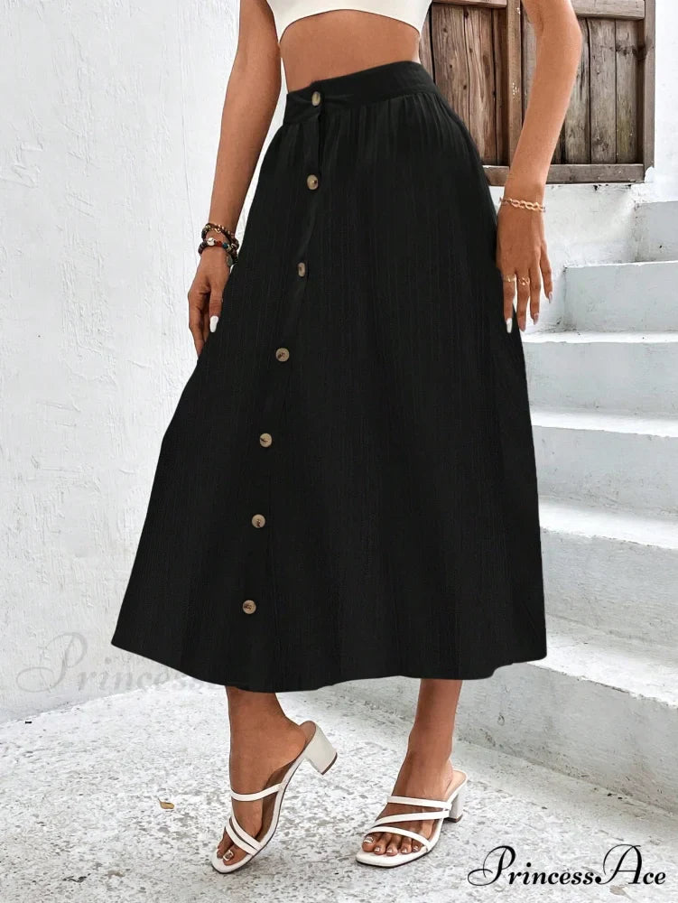High Waist Button Detail Plisse A-line Skirt