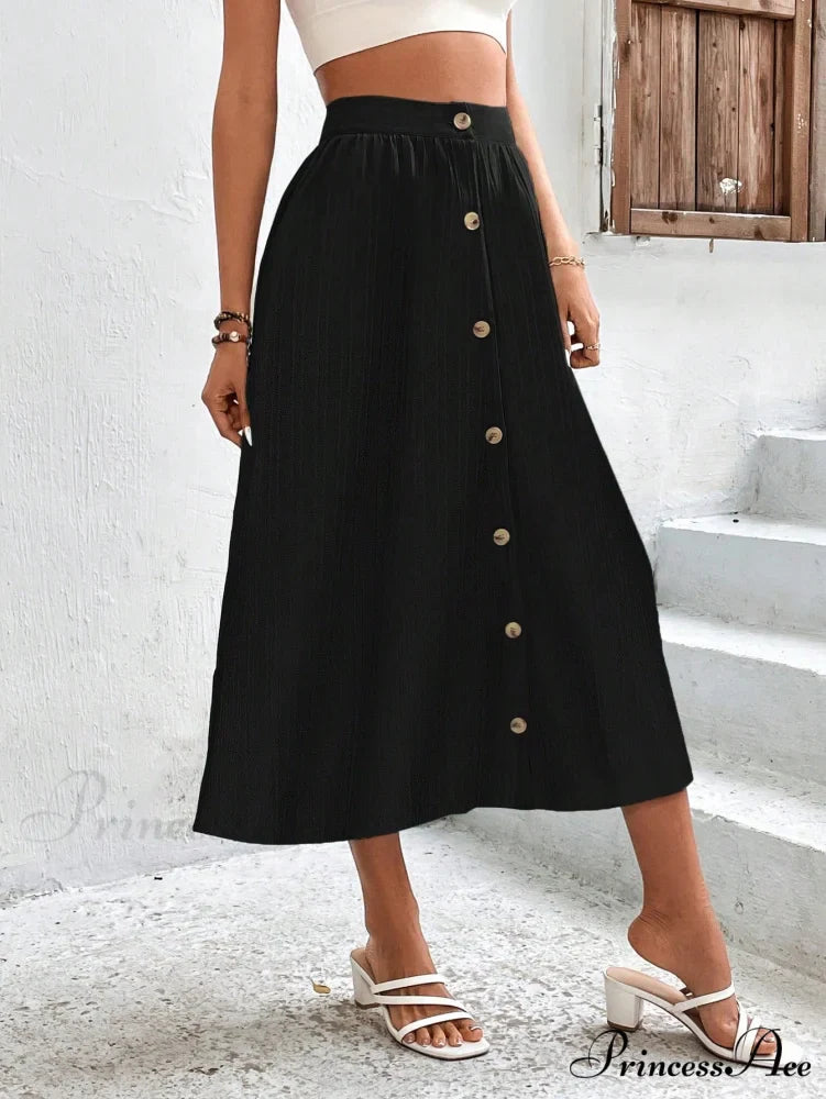 High Waist Button Detail Plisse A-line Skirt