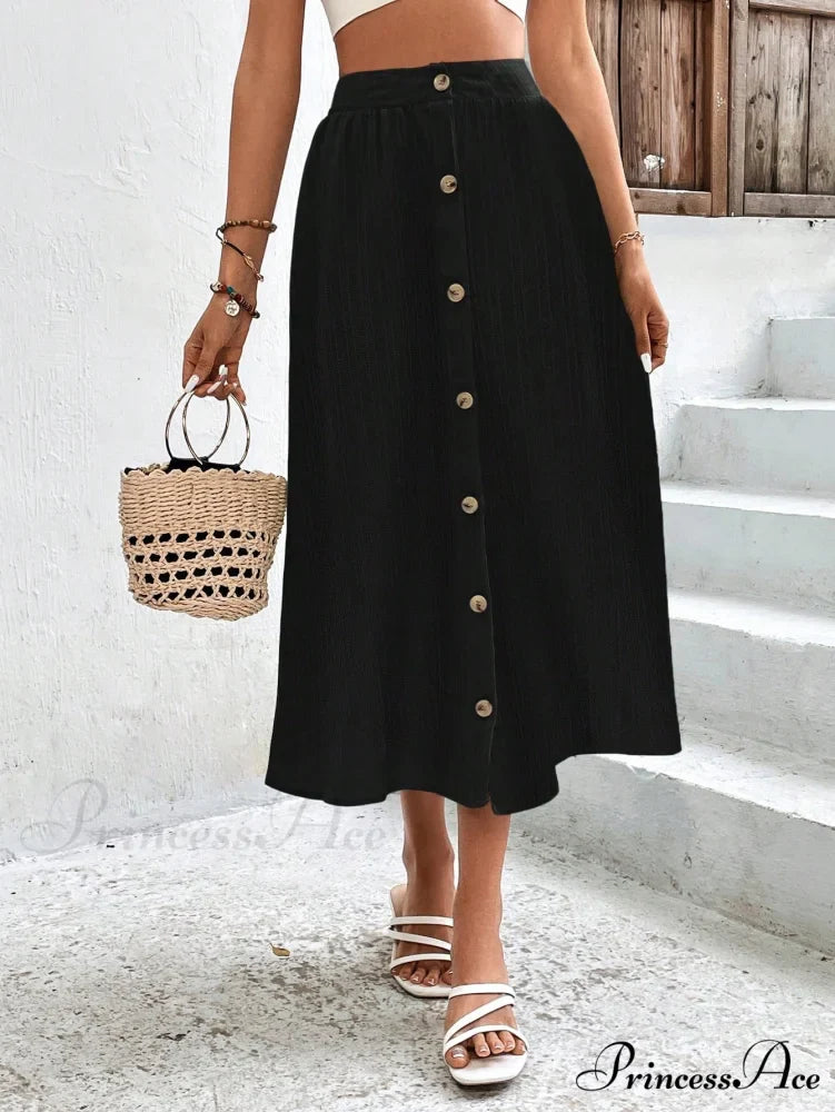 High Waist Button Detail Plisse A-line Skirt