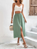High Waist Button Detail Plisse A-line Skirt