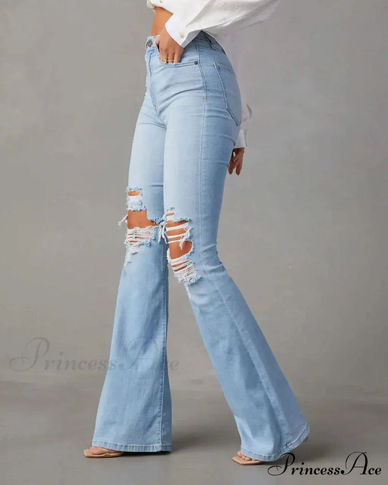 High Waist Flare for Women Fashion Ripped Distressed Denim Woman Bottom Streetwear Ladies Jean