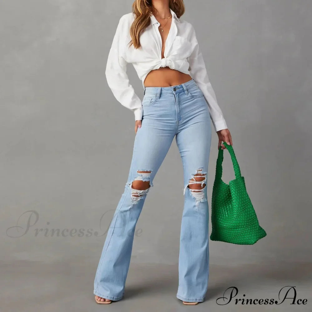 High Waist Flare for Women Fashion Ripped Distressed Denim Woman Bottom Streetwear Ladies Jean