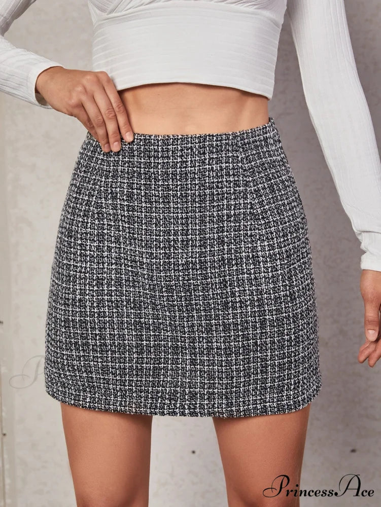 High Waist Plaid Tweed Skirt