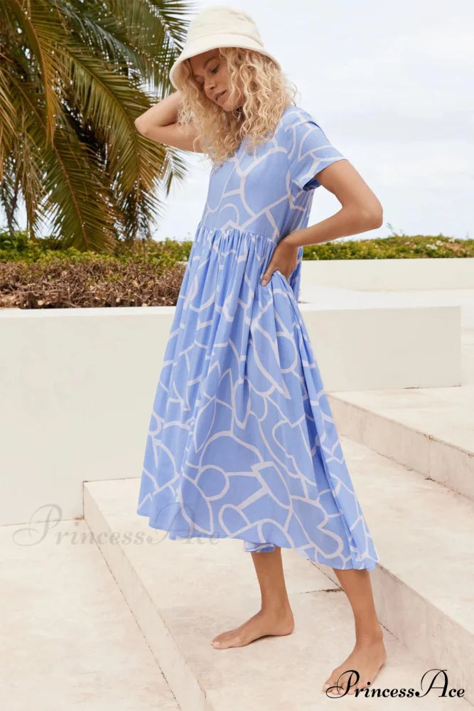 High Waist Ruched Dress with Geometric Print