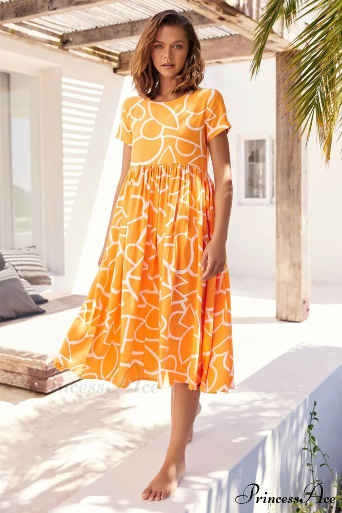 High Waist Ruched Dress with Geometric Print