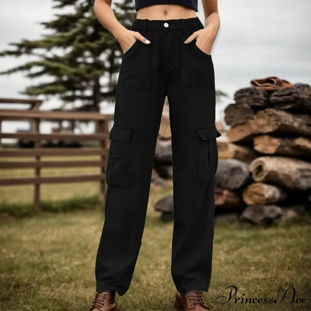 High Waist Solid Color Elastic Cargo Jeans