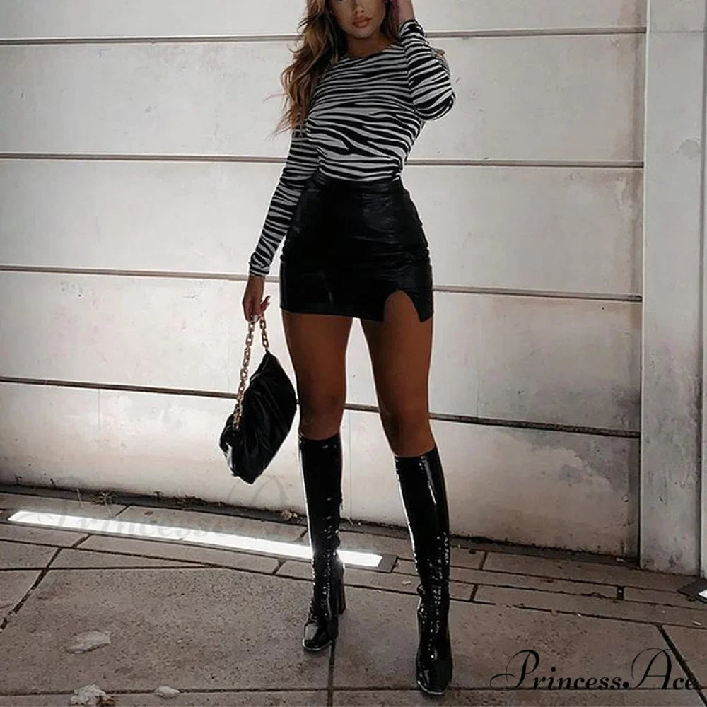 High Waist Split Pu Leather Mini Skirt