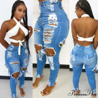 Hole Ripped High Waist Push Up Pants