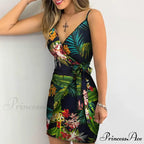 Holiday Floral Leaves Print V-neck Mini Dress