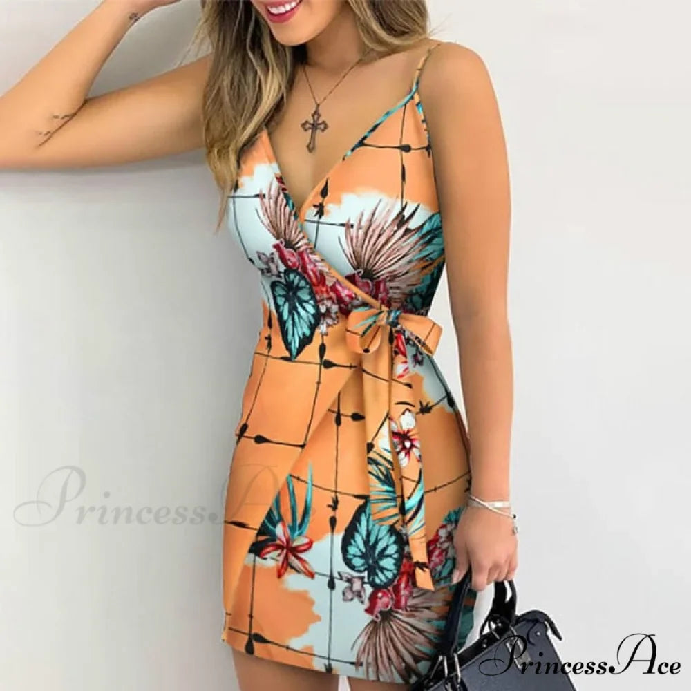 Holiday Floral Leaves Print V-neck Mini Dress