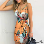 Holiday Floral Leaves Print V-neck Mini Dress