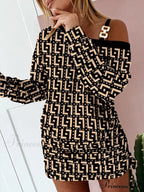 Hollow Off Shoulder Drawstring Casual Diagonal Collar Long Seeve Dress