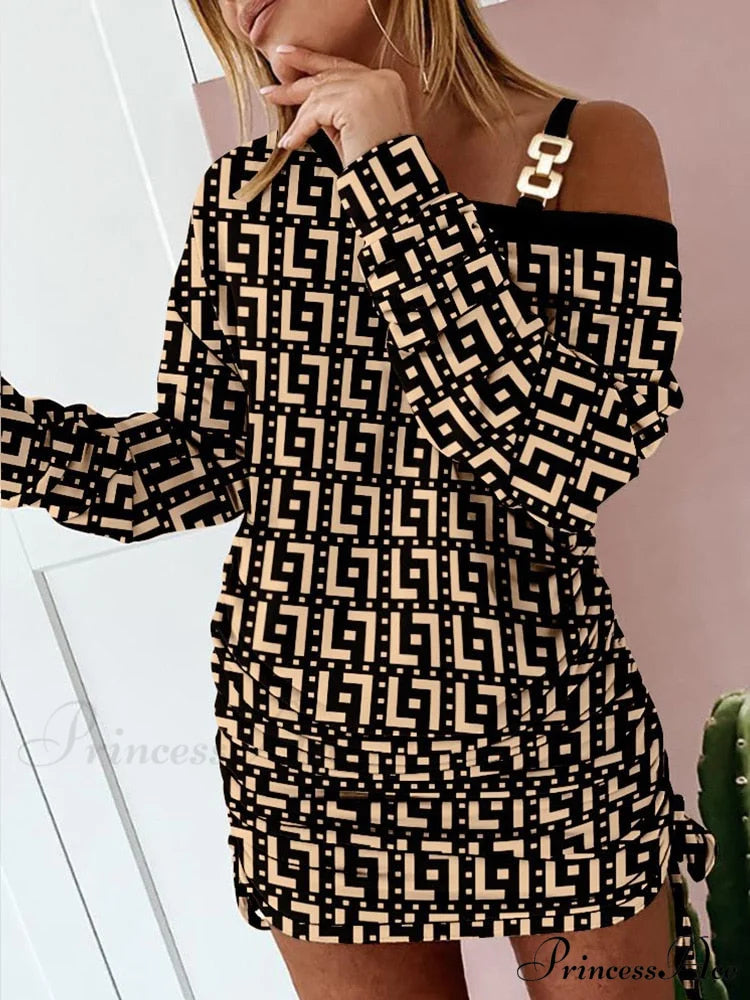 Hollow Off Shoulder Drawstring Casual Diagonal Collar Long Seeve Dress