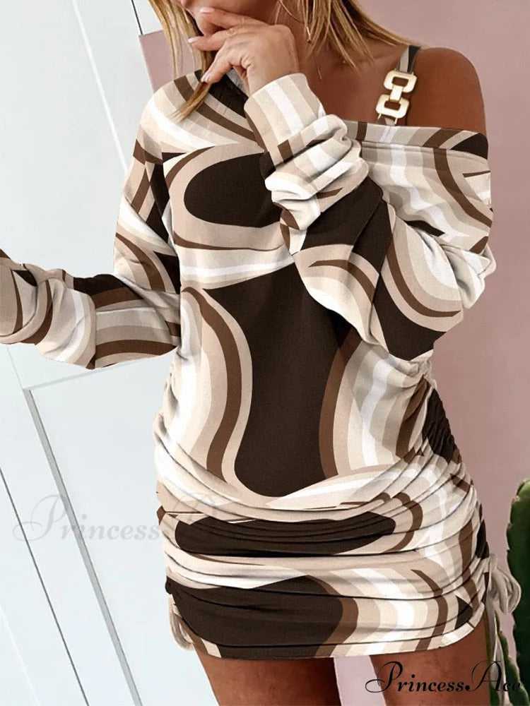 Hollow Off Shoulder Drawstring Casual Diagonal Collar Long Seeve Dress