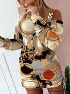 Hollow Off Shoulder Drawstring Casual Diagonal Collar Long Seeve Dress