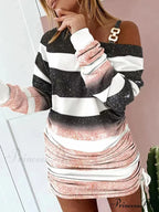 Hollow Off Shoulder Drawstring Casual Diagonal Collar Long Seeve Dress