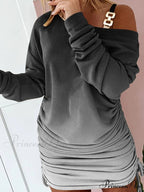 Hollow Off Shoulder Drawstring Casual Diagonal Collar Long Seeve Dress