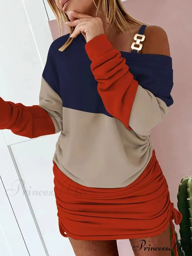 Hollow Off Shoulder Drawstring Casual Diagonal Collar Long Seeve Dress