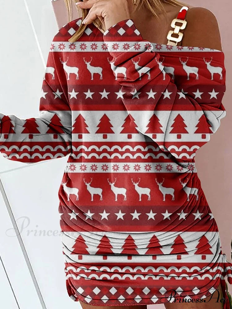 Hollow Off Shoulder Drawstring Casual Diagonal Collar Long Seeve Dress