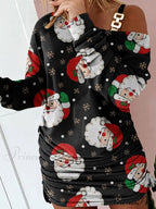 Hollow Off Shoulder Drawstring Casual Diagonal Collar Long Seeve Dress