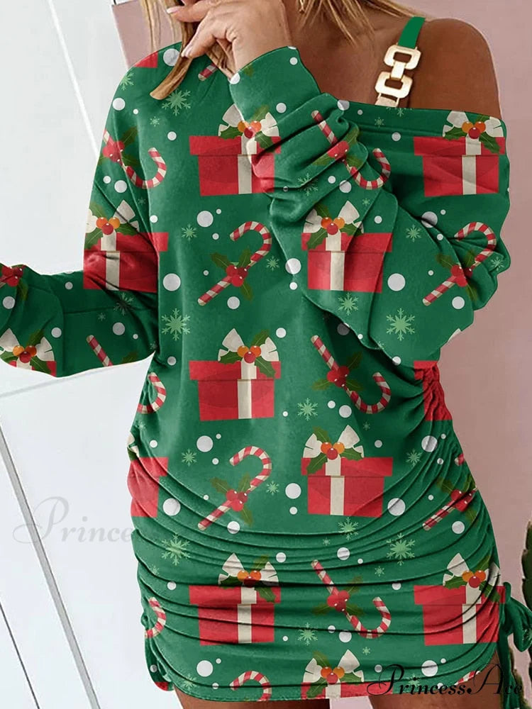 Hollow Off Shoulder Drawstring Casual Diagonal Collar Long Seeve Dress