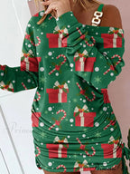 Hollow Off Shoulder Drawstring Casual Diagonal Collar Long Seeve Dress