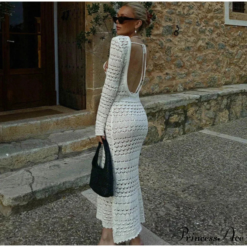 Hollow Out Backless Knitted Fashion Long Sleeve Lace Up Mix Midi Dress