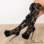 Hollow-Out Lace-Up Platform Knee-High Sexy Sandals Cross-Tie Peep-ToeFashionable High Heel