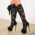 Hollow-Out Lace-Up Platform Knee-High Sexy Sandals Cross-Tie Peep-ToeFashionable High Heel
