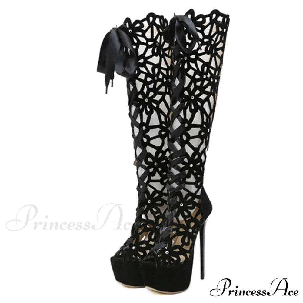 Hollow-Out Lace-Up Platform Knee-High Sexy Sandals Cross-Tie Peep-ToeFashionable High Heel