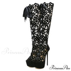 Hollow-Out Lace-Up Platform Knee-High Sexy Sandals Cross-Tie Peep-ToeFashionable High Heel