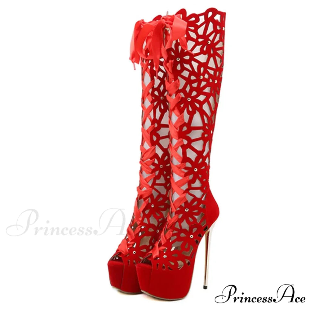 Hollow-Out Lace-Up Platform Knee-High Sexy Sandals Cross-Tie Peep-ToeFashionable High Heel