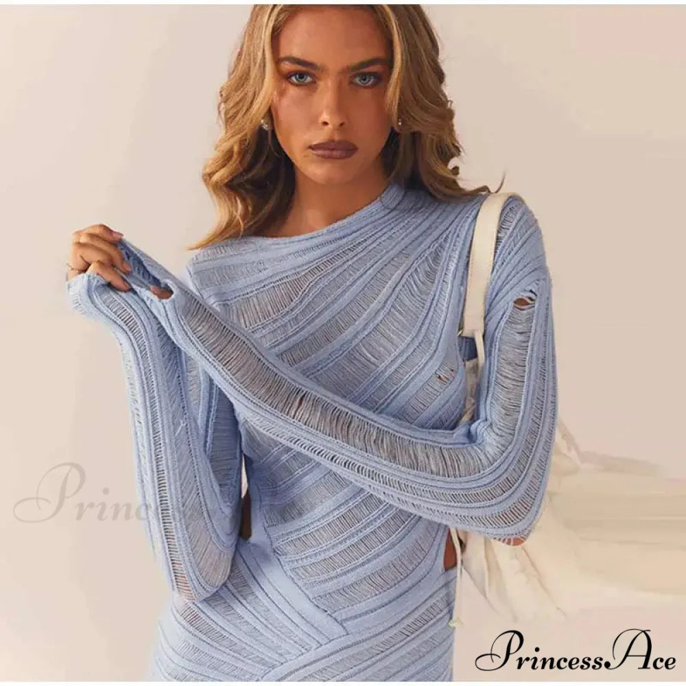 Hollow Out Long Sleeve Knitted Slim Mini Dress