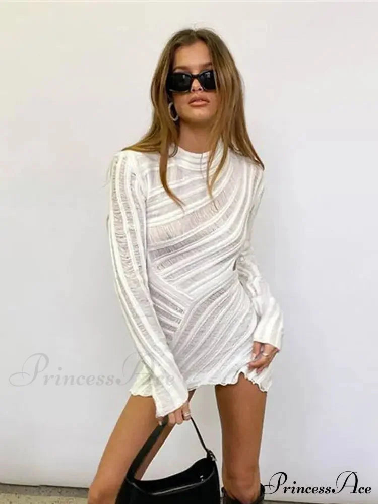 Hollow Out Long Sleeve Knitted Slim Mini Dress