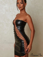 Hollow Out PU Leather Strapless Sleeveless Bodycon Party Short Mini Dress