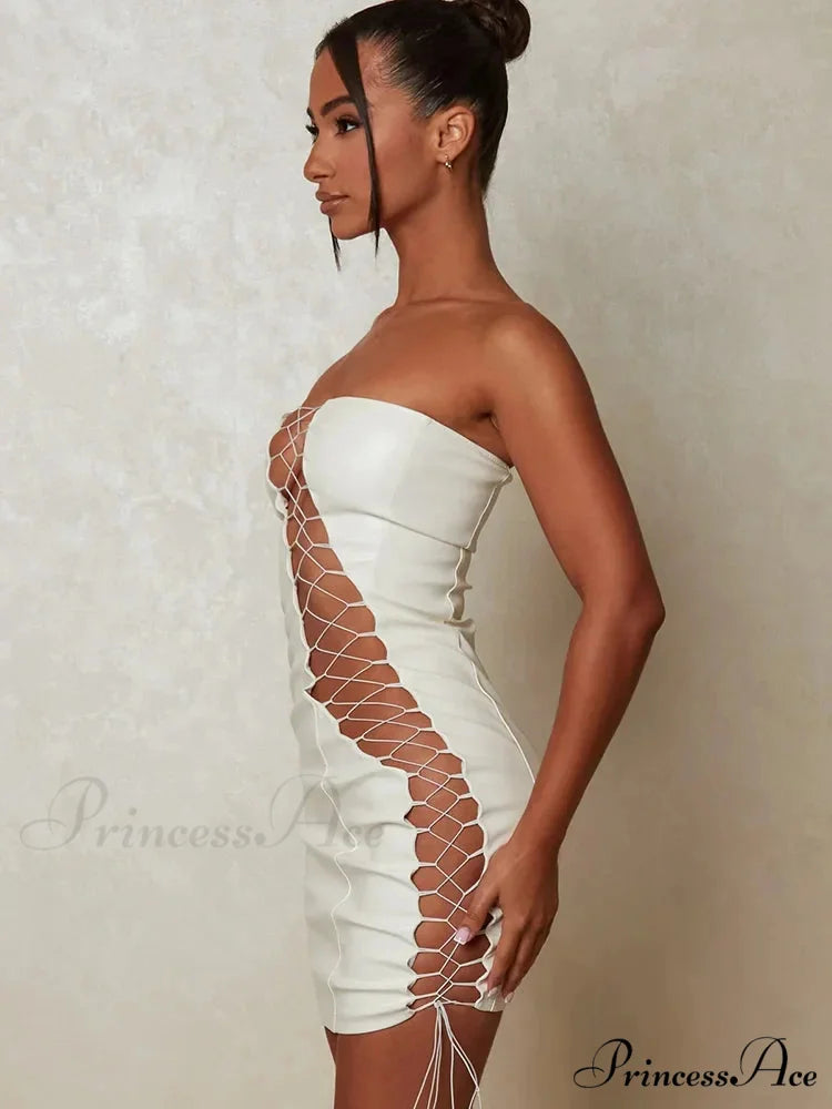 Hollow Out PU Leather Strapless Sleeveless Bodycon Party Short Mini Dress
