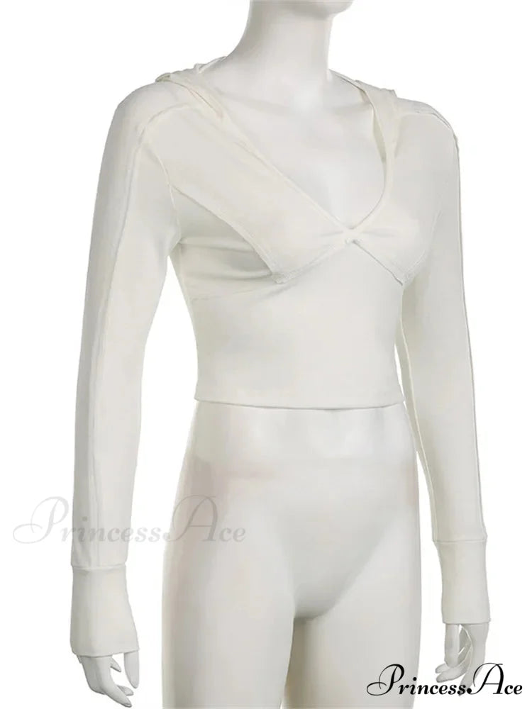 Hooded Ribbed Long Sleeve Deep V Neck Solid Color Slim Fit T-shirts